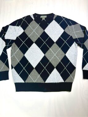Daniel Cremieux 100% Cashmere Argyle Sweater Men's Large‎ Blue Gray Crewneck